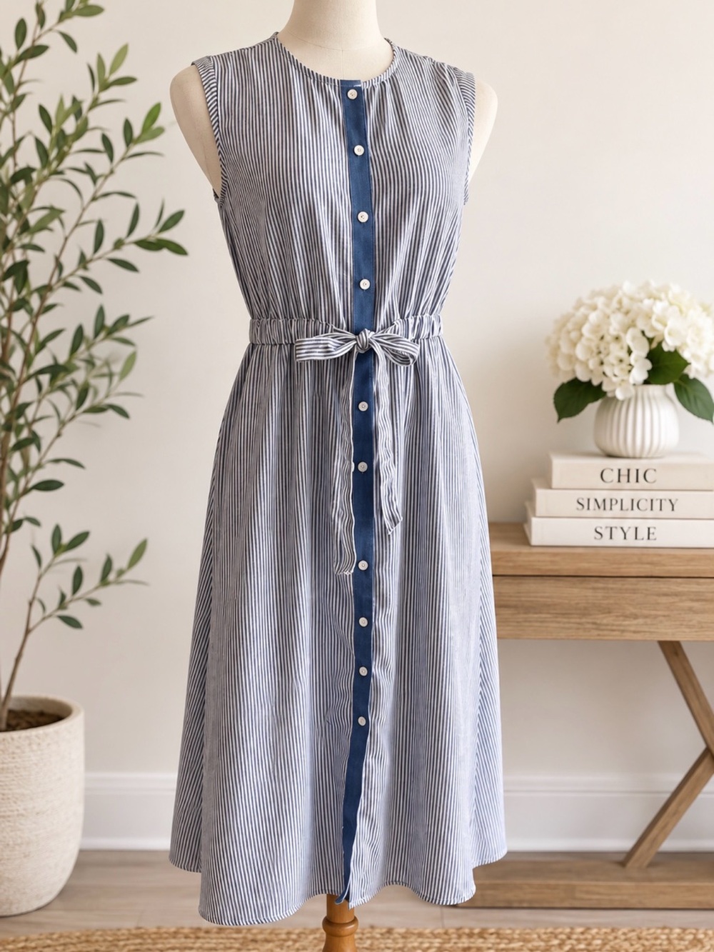 Universal Thread Blue and White Pinstripe Button-Front Midi Dress with Tie Waist